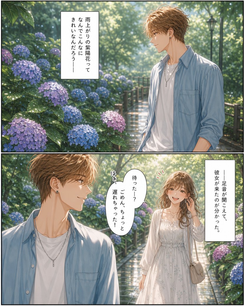 少女漫画风格 - 雨中绣球花浪漫漫画页