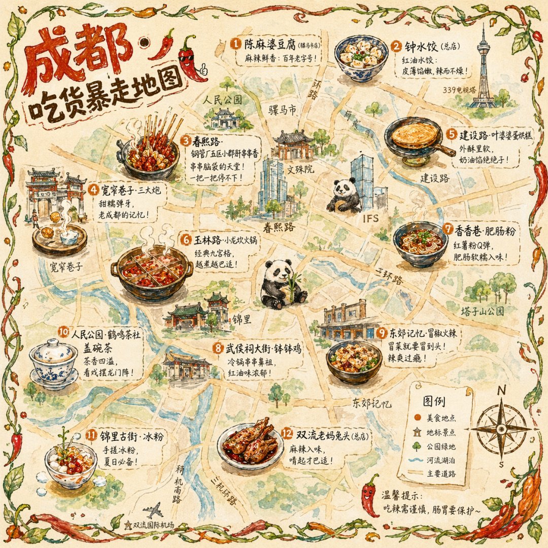 水彩手绘城市美食地图